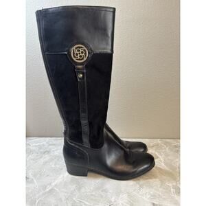 Liz Claiborne Knee Riding Boots Size 8.5 Black Tilia‎ Low Heel Zip Closure Logo
